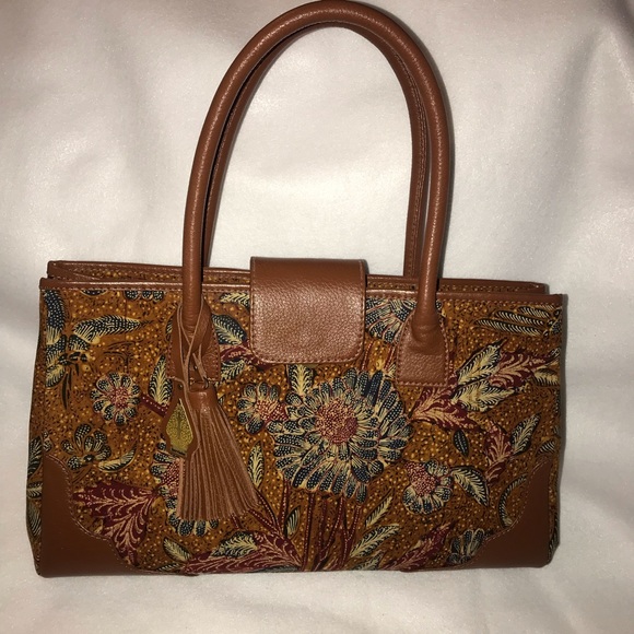 Brand new brown leather ethnic Batik Tote Bag - Picture 7 of 8